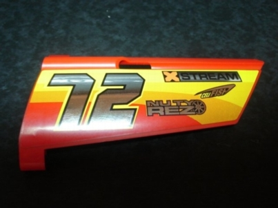 Lego Technic, Panel Fairing #20 Large Long, Small Hole, Side A with Chrome '72' and Racing Logos on Orange and Yellow Pattern '72' (Sticker) - Set 8146 / Red