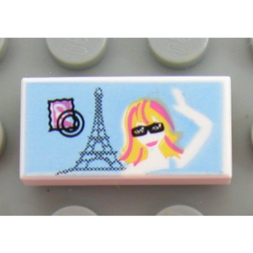 Lego Tile 1 x 2 with Eiffel Tower and Girl Waving Print / White