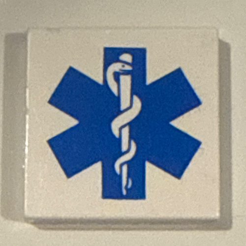 Lego Tile 2 x 2 with Blue EMT Star of Life Print / White