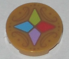Lego Tile, Round 2 x 2 with Bottom Stud Holder with 4 Crystals Pattern / Pearl Gold