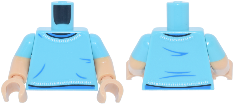 Lego Torso T-Shirt with Blue Trim and Wrinkles and White Stitches Pattern / Medium Tan Arms with Molded Medium Azure Short Sleeves Pattern / Medium Tan Hands
