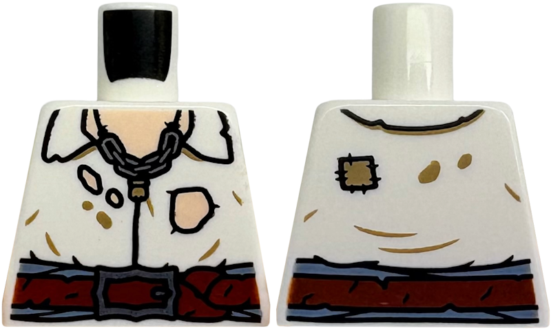 Lego Torso Shirt Tattered with Open Collar and Holes, Light Nougat Skin, Reddish Brown Belt, Silver Buckle and Chain Necklace Pattern / White