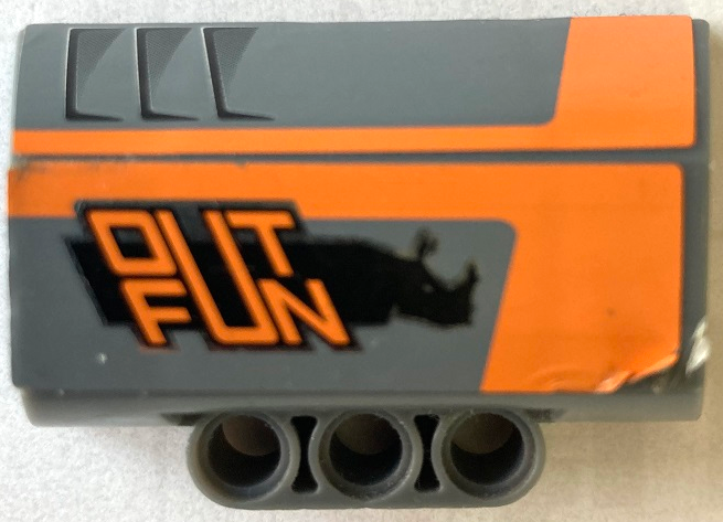 Lego Technic, Panel Engine Block Half / Side Intake with Black Rhino, Orange 'OUTFUN' and Stripes Pattern Model Right Side (Stickers) - Set 8496 / Dark Bluish Gray