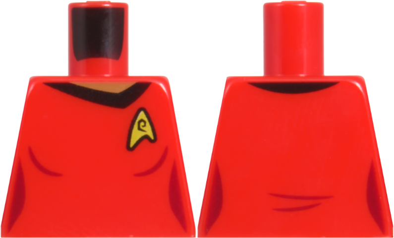 Lego Torso Female Uniform Vest with Gold Star Trek Starfleet Insignia and 'e' Engineering Operations Logo, Medium Brown Neck, Dark Red Trim Lines, Sides and Creases Pattern