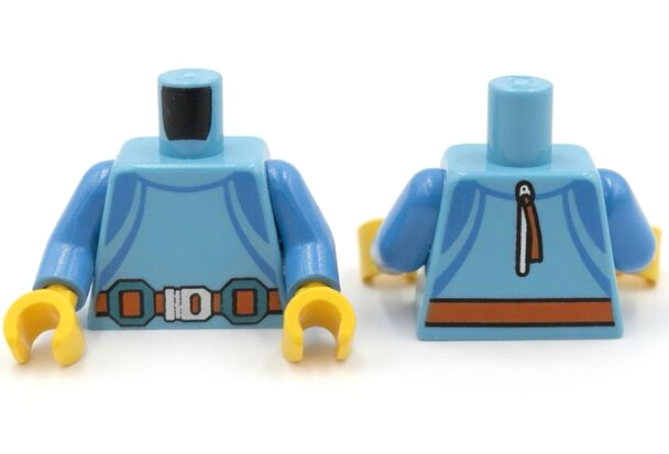 Lego Torso Wetsuit, Dark Azure Stripes, Reddish Orange Belt with Dark Turquoise and Silver Buckles, Zipper on Back Pattern (BAM) / Dark Azure Arms / Yellow Hands