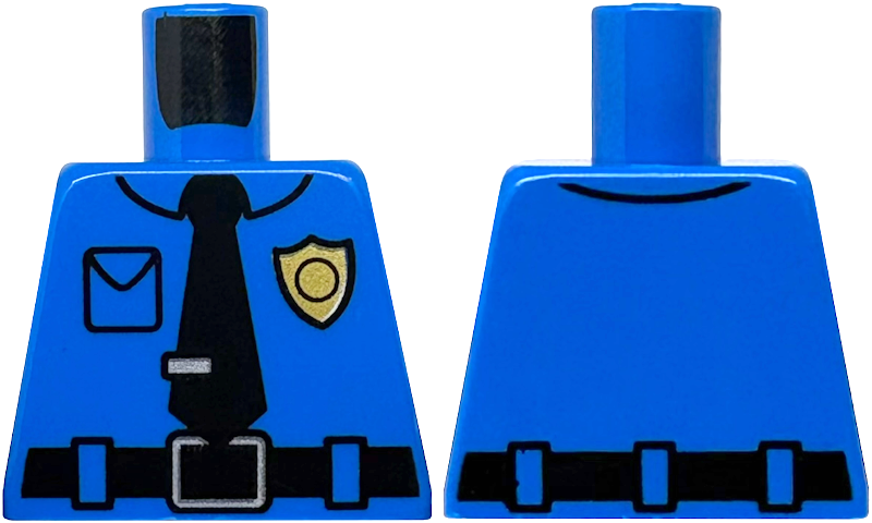 Lego Torso Police Shirt with Collar, Pocket, Gold Badge, Black Belt with Silver Buckle, Tie with Clip Pattern / Blue