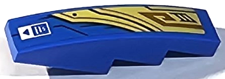 Lego Slope, Curved 4 x 1 with Gold Armor Plates with Black and Dark Orange Lines and White Rectangle with Writing and Triangle Pattern Model Right Side (Sticker) - Set 71768