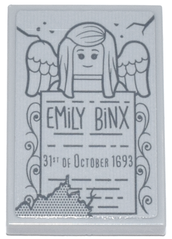 Lego Tile 2 x 3 with Tombstone with Dark Bluish Gray 'EMiLY BiNX 31ST OF OCTOBER 1693' and Angel Minifigure with Wings Pattern (Sticker) - Set 21341
