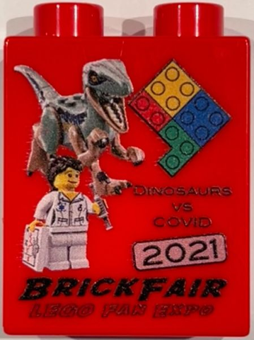 Lego Duplo, Brick 1 x 2 x 2 with Dinosaurs vs Covid 2021 BrickFair Pattern