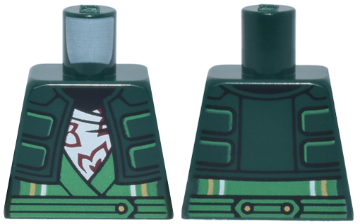Lego Torso Female Cropped Jacket Open with Panels, Green Wrap Shirt with Waistband, White Undershirt with Dark Red Flowers, Black Neck Pattern / Dark Green