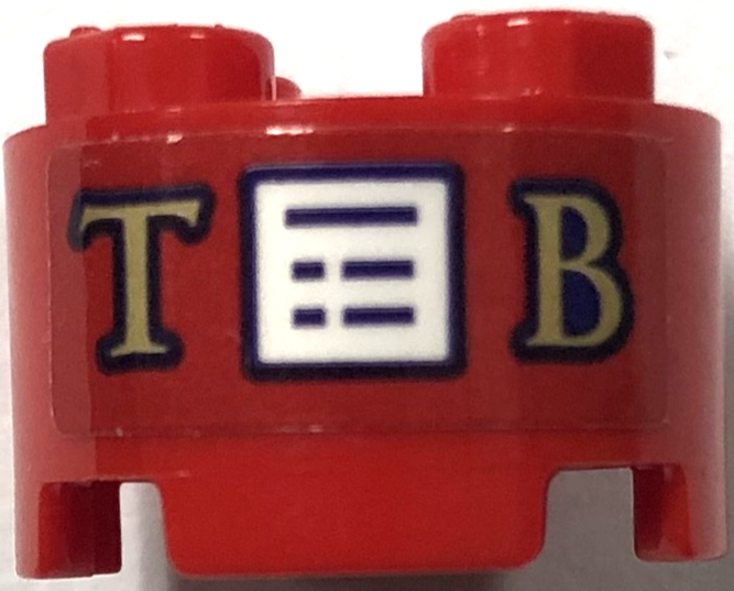 Lego Brick, Round 2 x 2 with Axle Hole with Gold Letter T and B and Writing on White Square Pattern (Sticker) - Set 41714 / Red
