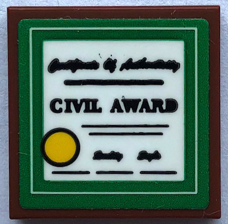 Lego Tile 2 x 2 with Black 'Certificate of Authenticity', 'Civil Award', Yellow Circle and Green Border Pattern (Sticker) - Set 21336 / Reddish Brown