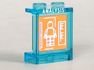 Lego Panel 1 x 2 x 2 with Side Supports - Hollow Studs with 'ANALYSIS' and Minifigure on Orange Screen Pattern (Sticker) - Set 76038 / Trans-Light Blue