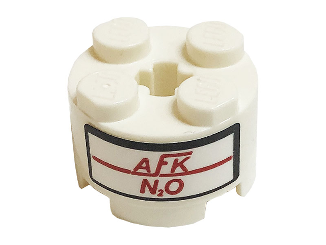 Lego Brick, Round 2 x 2 with Axle Hole with Red 'AFK' and 'N2O' Pattern (Sticker) - Set 10265 / White