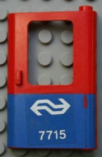 Lego Door 1 x 4 x 5 Train Right, Thin Support at Bottom with Blue Bottom Half and Dutch NS '7715' Pattern (Sticker) - Set 7715 / Red
