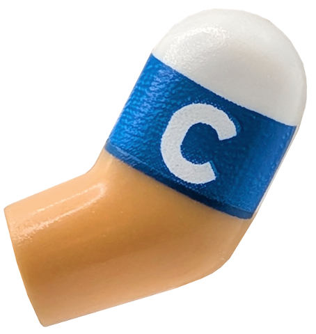 Lego Arm, Left with Molded White Short Sleeve and Printed Blue Captain's Armband with Capital Letter C Pattern / Warm Tan