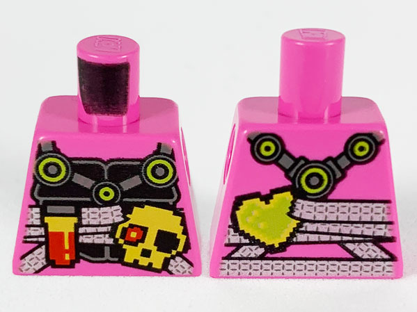 Lego Torso Ninjago Black Breastplate with Silver Straps, Pixelated Flask, Skull, and Heart Pattern / Dark Pink