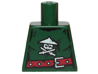 Lego Torso Ninjago Female Shirt Tattered with White Skull with Crossed Swords Logo, Dark Red Belt with Buckle Pattern / Dark Green