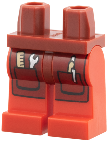 Lego Hips and Red Legs with Dark Red Apron, Tan Ruler and Pen, Silver Wrench Pattern