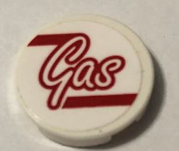 Lego Tile, Round 2 x 2 with Bottom Stud Holder with Red  'Gas' Pattern (Sticker) - Set 75889