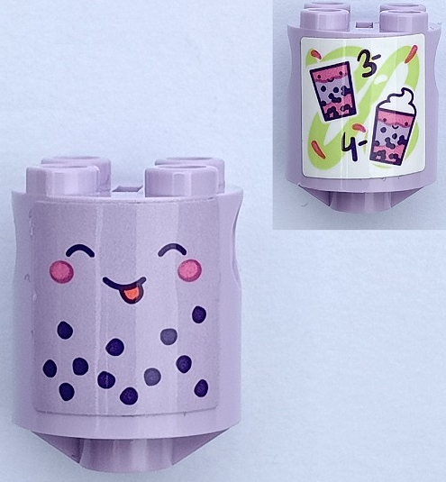 Lego Brick, Round 2 x 2 x 2 Robot Body with Bottom Axle Holder (x Shape / + Orientation) with Face with Closed Eyes, Red Tongue, Dark Pink Cheeks and Dark Purple Spots / Bubble Tea, '3-' and '4-' Pattern on Both Sides (Stickers) - Set 41733