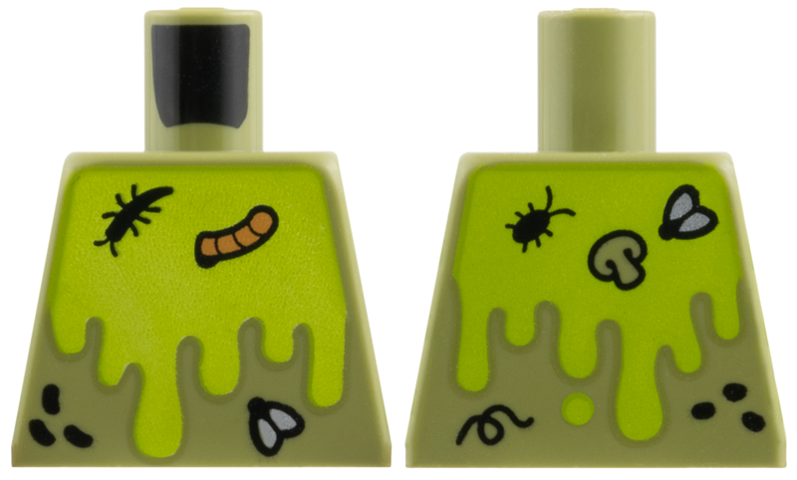 Lego Torso Black Insects, Nougat Worm, Lime Slime Pattern / Olive Green