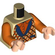 Lego Torso, Reddish Brown/Orange/Tan Argyle Jacket, Dark Blue Collar, Orange Shirt print, Orange Arms, Light Nougat Hands / Tan