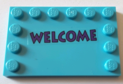 Lego Tile, Modified 4 x 6 with Studs on Edges with Dark Purple 'WELCOME' Pattern (Sticker) - Set 71016