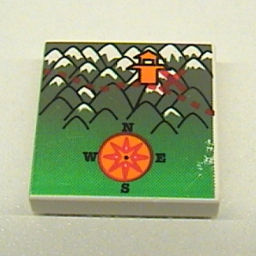 Lego Tile 2 x 2 with Map - Orient Compass Mountains and Temple Print [7417] / White