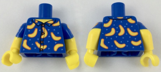 Lego Torso Shirt with Buttons, Bananas, and Bright Light Blue Triangles, Yellow Neck Pattern / Yellow Arms with Molded Blue Short Sleeves and Printed Bananas and Bright Light Blue Triangles Pattern / Yellow Hands