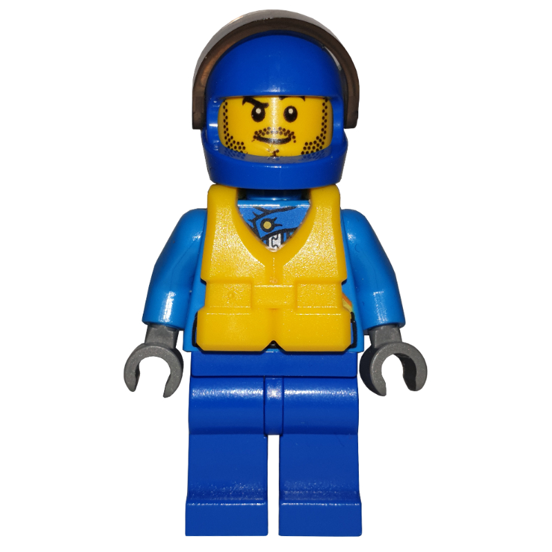 Lego Racer, Dark Azure and Blue Jumpsuit, Blue Helmet with Visor, Yellow Life Vest