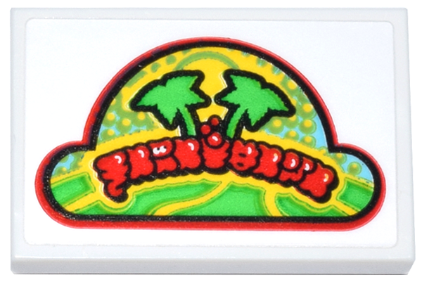 Lego Tile 2 x 3 with Logo with Red Stylized Ninjago Logogram 'PARATEASA', Bright Green Palm Trees and Yellow Sun Pattern (Sticker) - Set 71837