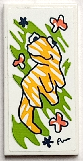 Lego Tile 2 x 4 with Painting of Bright Light Orange Gecko (Popcorn) with Coral Flowers and 'Autumn' Signature on Lime Background Pattern (Sticker) - Set 41739 / White
