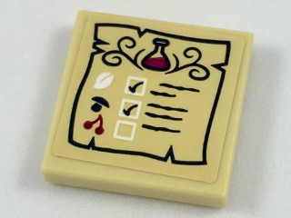 Lego Tile 2 x 2 with Erlenmeyer Flask and Leaf, Mushroom and Cherries Healing Potion Recipe Pattern (Sticker) - Set 41187 / Tan