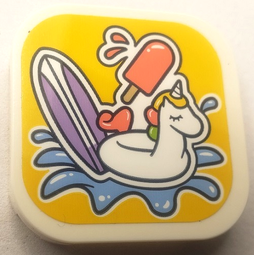 Lego Tile, Modified 4 x 4 with Rounded Corners and 4 Feet with Lavender Surfboard, Coral Popsicle, White Unicorn Inflatable and Medium Blue Water Splash on Yellow Background Pattern (Sticker) - Set 41710 / White