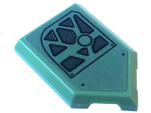 Lego Tile, Modified 2 x 3 Pentagonal with Black Rivets, Circle, and Dark Bluish Gray Shapes Pattern Model Left Side (Sticker) - Set 75571 / Sand Green