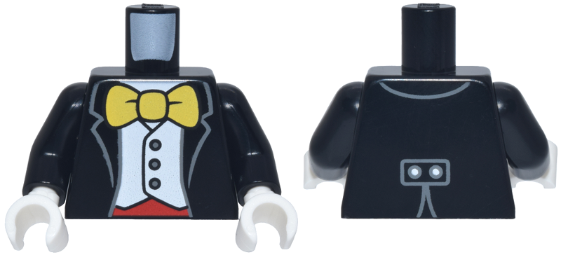 Lego Torso Tuxedo Jacket Open over White Vest with Dark Bluish Gray Buttons, Red Cummerbund, Large Yellow Bow Tie Pattern / Black Arms / White Hands