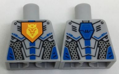 Lego Torso Nexo Knights Armor with Orange Emblem with Yellow Crowned Lion, Silver Panels, Dark Azure Hexagon Pattern / Light Bluish Gray