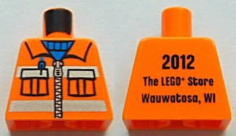 Lego Torso Construction Uniform Shirt with Pockets and Silver Zipper and Reflective Stripes over Blue Sweater, '2012 The LEGO Store Wauwatosa, WI' on Back Pattern / Orange