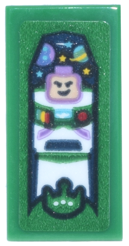 Lego Tile 1 x 2 with Toy Box with Buzz Lightyear, White Spacesuit, Stars and Planets and Green Alien Pattern (Sticker) - Set 43302 / Green