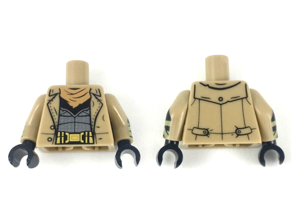 Lego Torso Trench Coat Open with Buttons over Dark Bluish Gray Armor Suit, Gold Utility Belt, Nougat Bandana Pattern / Dark Tan Arms with Black Gloves, Olive Green Wrappings Pattern / Black Hands