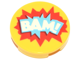 Lego Tile, Round 2 x 2 with Bottom Stud Holder with 'BAM!' in Blue and Red Starburst Explosion Pattern