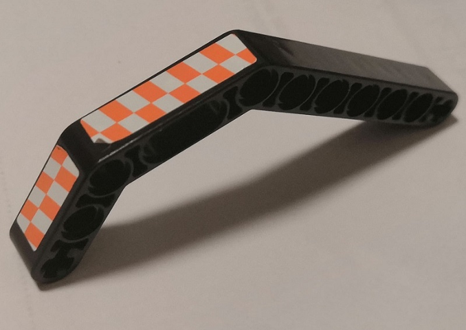 Lego Technic, Liftarm, Modified Bent Thick 1 x 11.5 Double with White and Orange Checkered Pattern Model Left Side (Stickers) - Set 8162