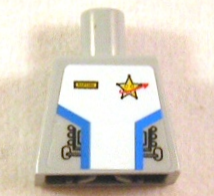 Lego Torso Space Uniform with Large White Center Panel with Blue Stripes on Sides, Yellow Name Tag and Star Justice Badge Pattern (Sticker) / Light Bluish Gray