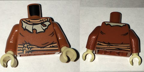 Lego Torso Batman Nougat Rope Neck and Belt, Tan Tattered Collar Pattern / Dark Orange Arms / Tan Hands