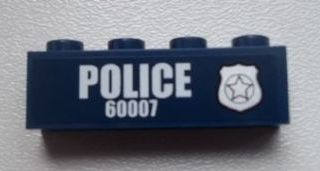 Lego Brick 1 x 4 with Police Silver Star Badge and White 'POLICE 60007' Pattern Model Right Side (Sticker) - Set 60007 / Dark Blue