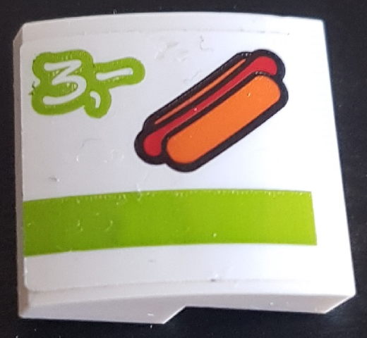 Lego Slope, Curved 2 x 2 x 2/3 with Hot Dog, Lime Stripe and Number 3 Pattern (Sticker) - Set 60110 / White