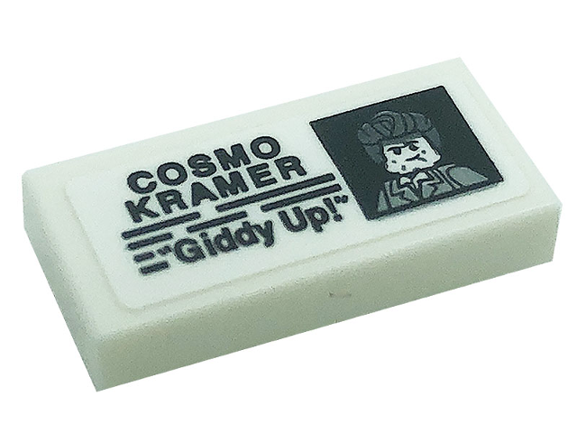 Lego Tile 1 x 2 with Minifigure Photo, 'COSMO KRAMER', and '"Giddy Up!"' Pattern (Sticker) - Set 21328
