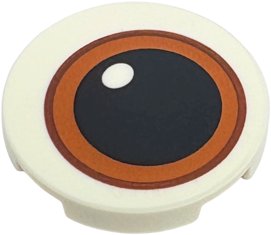 Lego Tile, Round 2 x 2 with Bottom Stud Holder with Dark Orange Eye with Large Black Pupil and Reddish Brown Outline Pattern