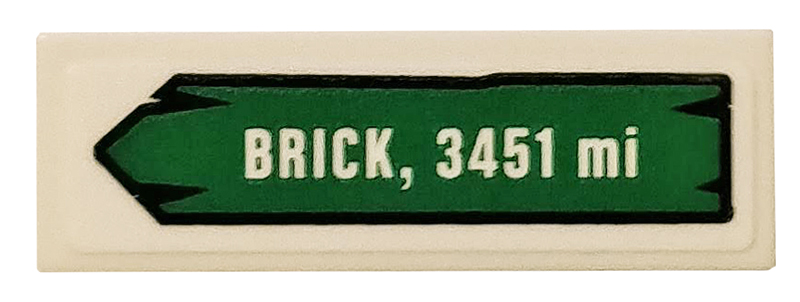 Lego Tile 1 x 3 with 'BRICK, 3451 mi' on Green Road Sign Pattern (Sticker) - Set 40353 / White